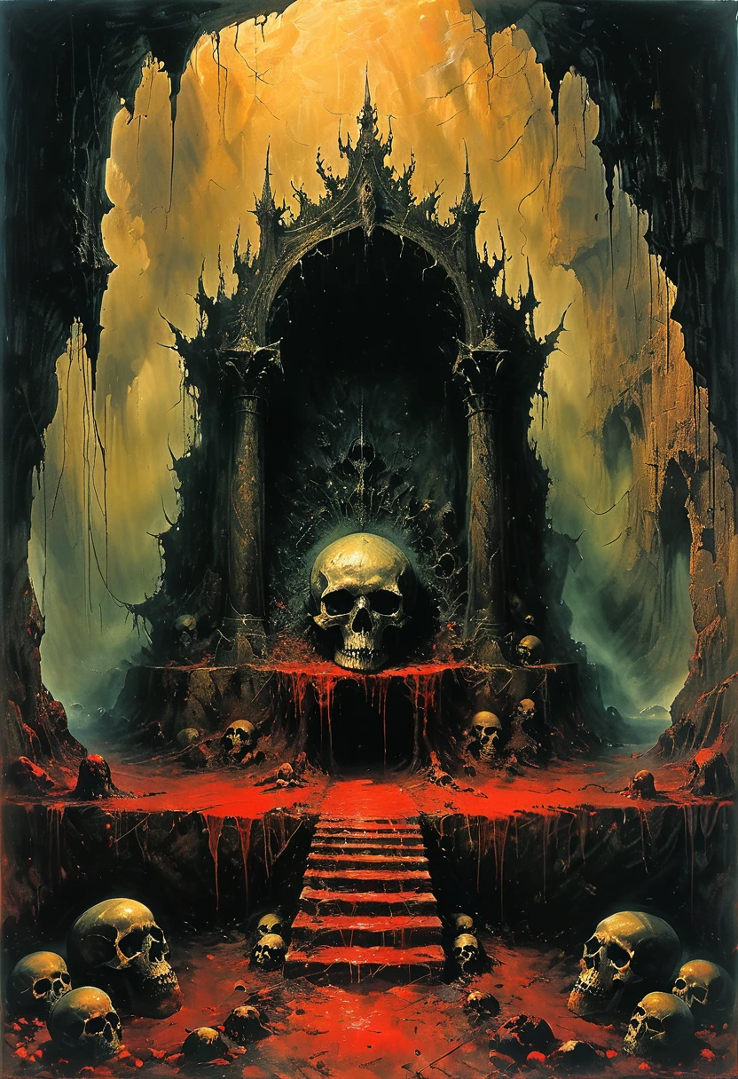 Cave,Underground Kingdom,Gothic style,A painting,The throne is on a pile of skulls, Disturbing, crawl, gloomy, rotten, Blood rushes like a river,High saturation by zdzislaw beksinski