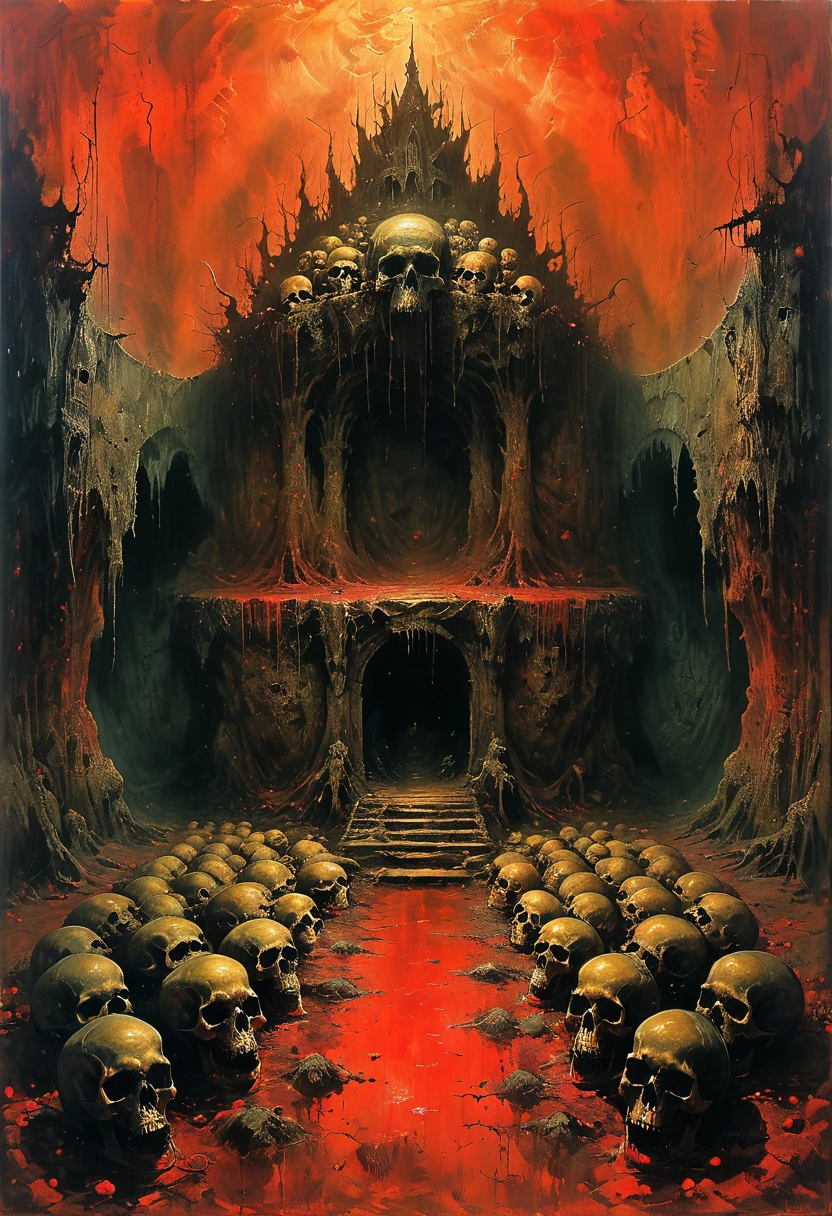 Cave，Underground Kingdom，Gothic style，A painting，The throne is on a pile of skulls, Disturbing, crawl, gloomy, rotten, Blood rushes like a river，High saturation by zdzislaw beksinski