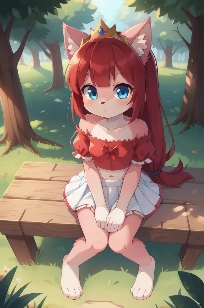 furry girl, cat, red hair, Knight bangs hairstyle, long ponytail, anime style, medium breasts, blue eyes, ((red frilly shirt, two shoulders, midriff, white skirt, princess crown)), high quality, detailed body, detailed eyes, detailed face, masterpiece, glistening body, detailed body fur, best quality, two tone body, pink fur, clear pink fur, perfect lighting, perfect shadows, perfect eyes, perfect hair, perfect face, gorgeous body, skinny, solo, :3, sitting, park, skinny, looking at viewer, full body, feets with three toes, 3 toes, score_9,score_8_up,score_7_up, source_cartoon, source_furry, glowing blue eyes, from above, motion blur, Birds Eye view,