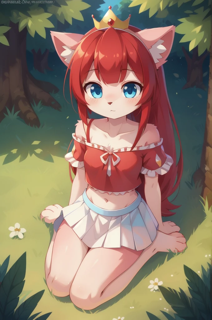 furry girl, cat, red hair, Knight bangs hairstyle, long ponytail, anime style, medium breasts, blue eyes, ((red frilly shirt, two shoulders, midriff, white skirt, princess crown)), high quality, detailed body, detailed eyes, detailed face, masterpiece, glistening body, detailed body fur, best quality, two tone body, pink fur, clear pink fur, perfect lighting, perfect shadows, perfect eyes, perfect hair, perfect face, gorgeous body, skinny, solo, :3, sitting, park, skinny, looking at viewer, full body, feets with three toes, 3 toes, score_9,score_8_up,score_7_up, source_cartoon, source_furry, glowing blue eyes, from above, motion blur, Birds Eye view,