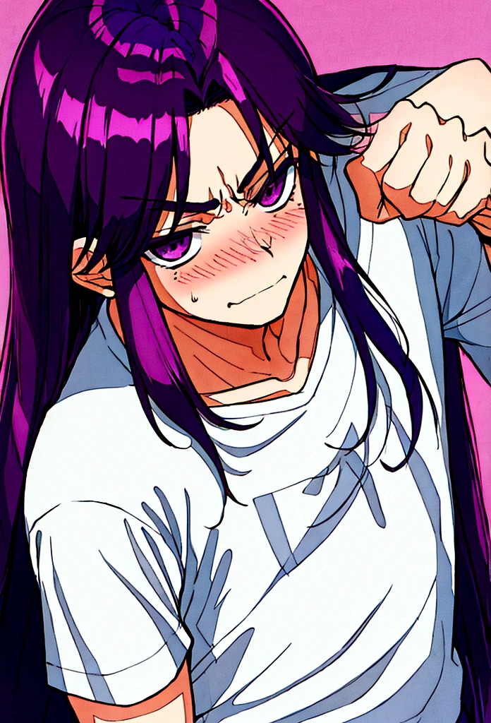 Boy with very long intense violet hair, blushing angry, shy, nervous, pointing forward, white t-shirt, slightly seen from above, whole body, professional manga cover, manga cover