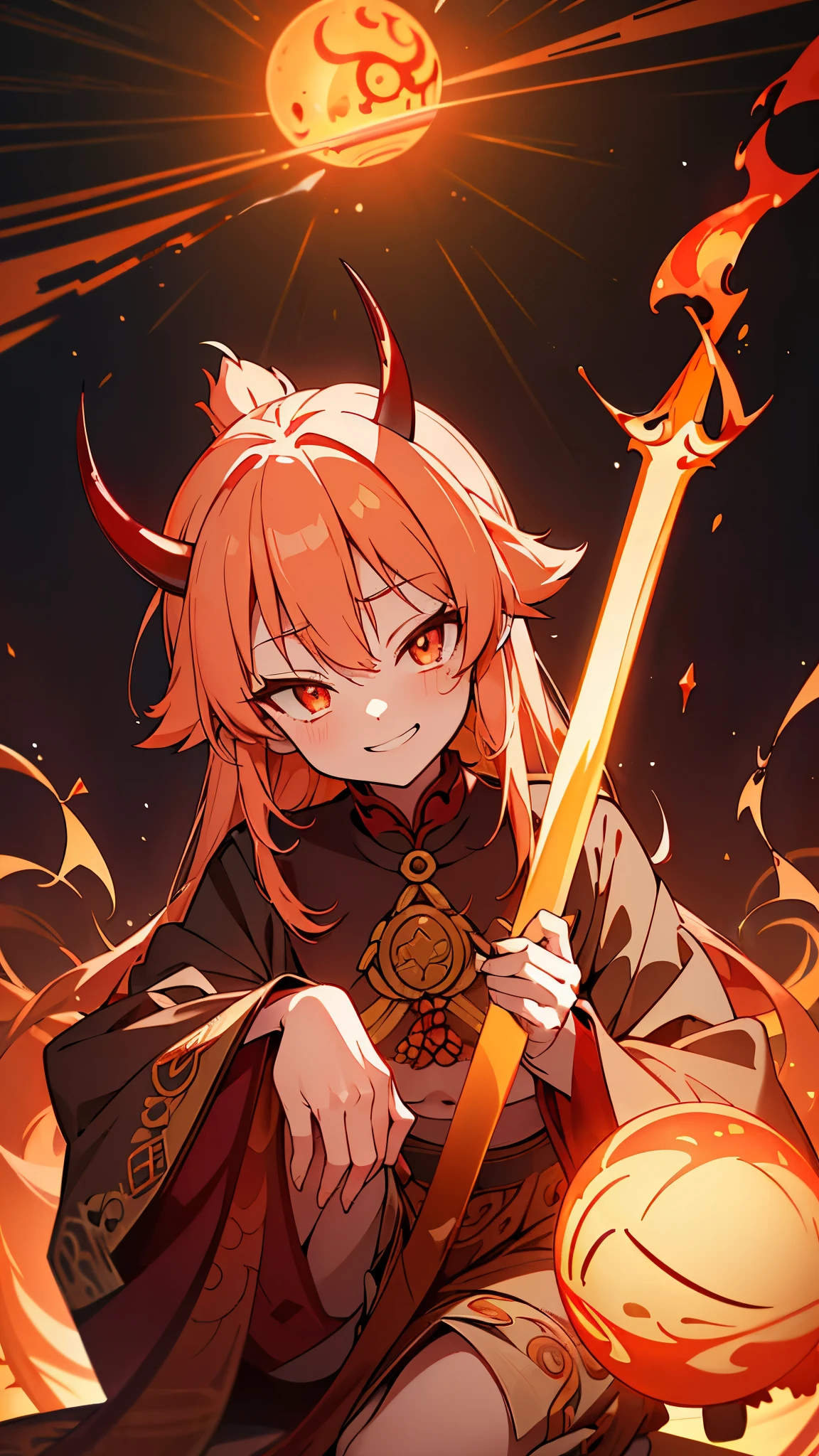Name: Yumihen Gamabunta
Element: FLAMARA
Description: A noble and wise elderly oni master known for his vibrant flames itching ideally beneath his playful exterior, only revealing his immense power when necessary to maintain order and protect young flames.
Prompt: (("Third Master, Radiant Forest Core, Ultra High definition"")), 1oni, serene, seated, (black horns, glowing red eyes:1), short red body, ((humanoid figure)), ivory-like scales, ( Jazz-like clothes with red and gold accents), thumb hook, bountiful belly hanging over knees, (laughing), (((large setting with flames:0.9))), ((eye-line height or mysterious smile)), ((armed with frizzen club with red orb:1)), extract hands and define knees, ankle length socks, cherries on hips, ((lined detailing, intricate clothing, aged artiFACTs:0.8)), (protruding bellybutton), ((soft texture, delicate eyes, relaxed smirk)), sold out background: forest Landscape at sunset consistently shimmering with a magical orange-hot element Touch emotional and true to character feeling exceedingly calm and collected, 400 years old, ((tentative old tree with gnarled branches: 0.9))