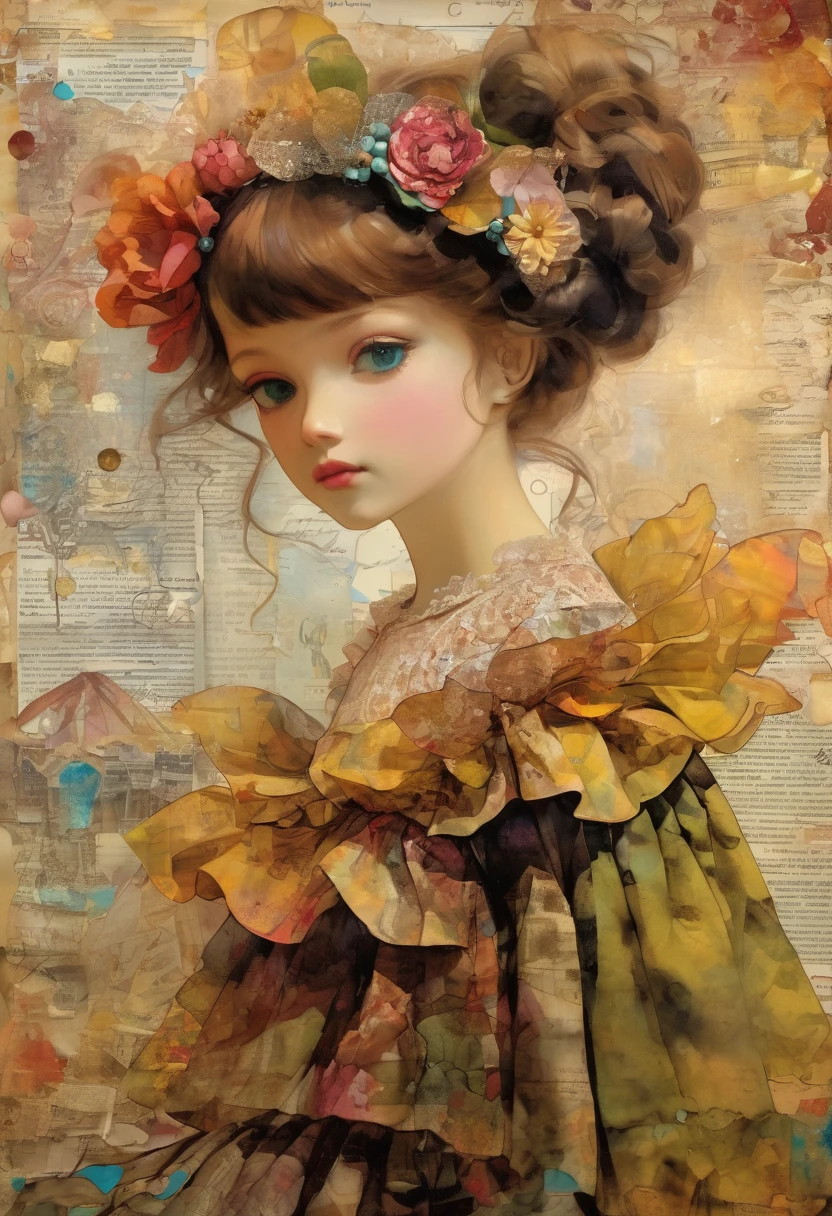 Super detailed alcohol ink painting of gorgeous girl, Made on top of a mixed-media masterpiece patchwork of stress-free vintage script paper, Ephemera, Torn cardboard, Vintage newspaper, Vintage sheet music, Wax Seal, Dress made of paper ruffles and life-size dainty lace, in the style of [Junk Journal, double exposure, Equal to the size of the body, Greg Simkins, Mark Davis, Oliver Jeffers, Andy Kehoe], Cinematic, Stunning, Highly detailed, 8K, dehazed
