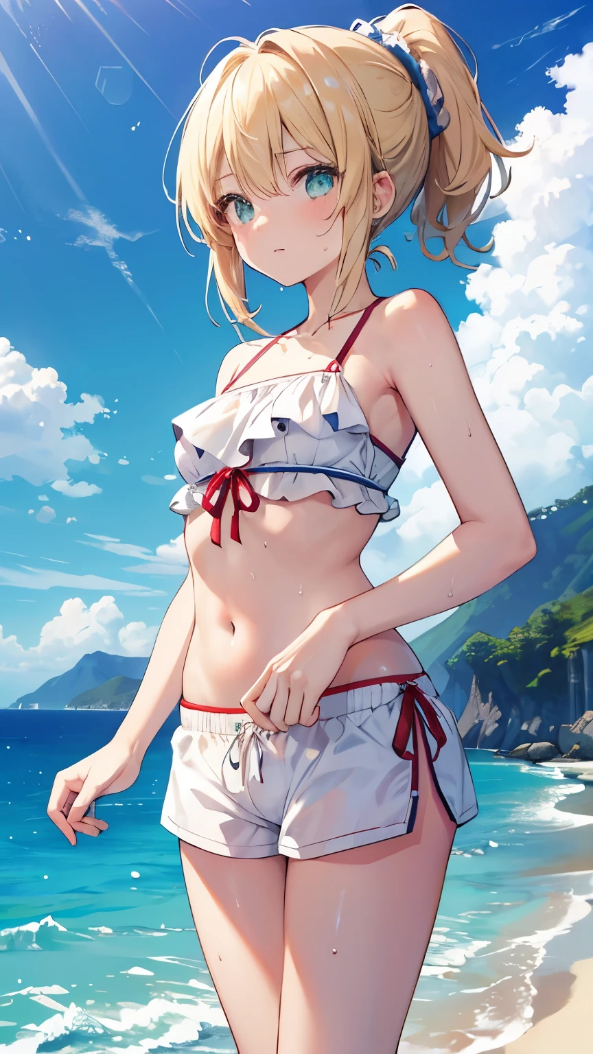 Highest quality:1.1)、(masterpiece:1.2)、(solo)、Watching the viewer、Ocean、summer,Swimwear,Sarashi,Shorts,Flowing sweat,,Umbilical cord,Girl,whole body,blue sky,Blonde,ponytail,Green Eyes,slender