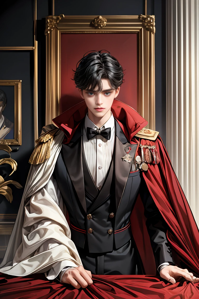 masterpiece, 最high quality, high quality, 1 boy, alone, Male focus, Watching the audience, Messy black hair, Adorable big blue eyes, White people, Noble, Noble,Sexy voluminous black and red cape、Tuxedo、A very voluminous, large, very large, very large, long, long red and black cape with a high stand-up collar, reaching down to the floor, made of a lot of fabric., 17 years old,Cute beautiful boys,Cute, cute, kind, handsome guy