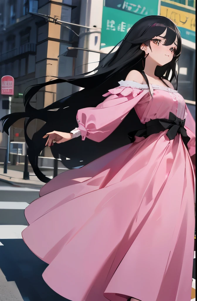 best quality,high detail,masterpiece,1 woman,black eye, black long hair, Pink dress, Cute face, walking down the street
