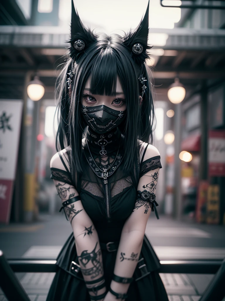 Highest quality、8K、masterpiece：1.3、Gothic Punk、The inside color is red、Black-haired、hair ornaments、Beautiful sexy adult woman、creative、Dark Fantasy Style、Neogoth、Goth Fashion：1.2、High resolution、masterpiece、Highest quality、頭w:1.3、((Hasselblad Photos))、Fine skin、Sharp focus、(Cinematic lighting)、Realistic textured hair、((Black Mask)),Esbian all over、((View from below))Sulky look、Menhera、Mine system