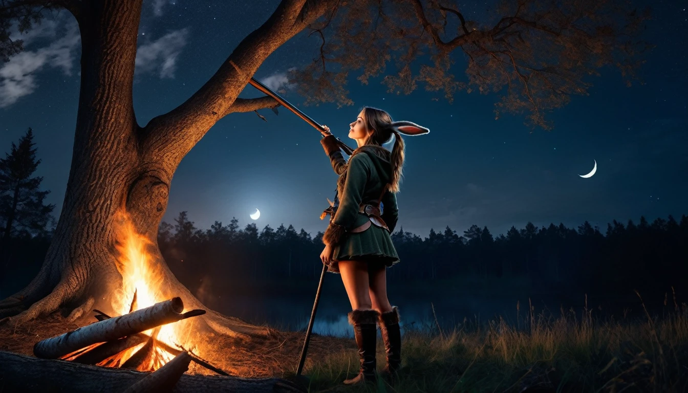 Highest quality Fantasy A young female hunter looking up at a large tree Bonfire rabbit The background is a night forest Crescent Moon