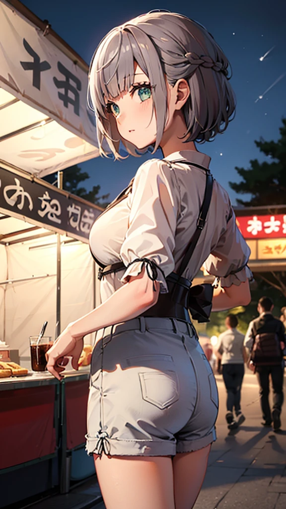 masterpiece, Highest quality, Super detailed, figure, omatsuri, food stand, One girl, Beautiful Eyes, View your viewers, From behind, Cowboy Shot, Recall, yukata, wood, Outdoor,road, walking,  crowd, night, lanthanum, festival, food, paved, 横断歩road, paper lanthanum, lamp post, night sky,Silver braided short bob