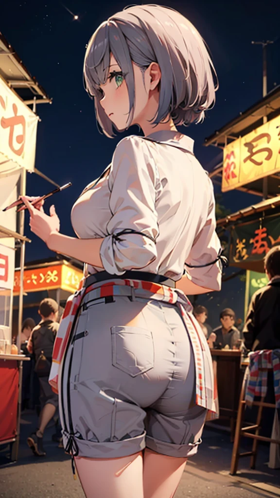 masterpiece, Highest quality, Super detailed, figure, omatsuri, food stand, One girl, Beautiful Eyes, View your viewers, From behind, Cowboy Shot, Recall, yukata, wood, Outdoor,road, walking, crowd, night, lanthanum, festival, food, paved, 横断歩road, paper lanthanum, lamp post, night sky,Silver braided short bob