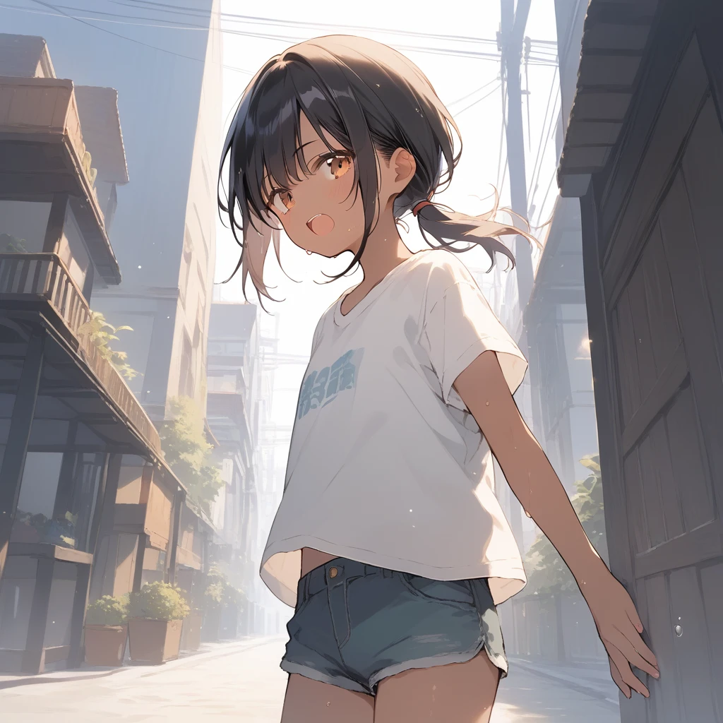 score_9, score_8_up, score_7_up, source_anime, best quality, masterpiece, official art, absurdres, highres, ultra-detailed,waifu2x,Collection: Slice of Life,break,1girl, tomboy, dark-skinned female, short hair, low ponytail, flat chest, beautiful detailed eyes, short shorts, sweat, open mouth, (yawn:0.3), sleepily, outdoors, wind, break,(clear line illustration:1.2),very high resolution, very aesthetic, super detailed skin, Best sexual lighting powered by famous artist, 8k,cute picture,beauty illustration,photoshop_(medium),,(Detailed Lighting),best anime 8k konachan wallpaper, pixiv contest winner,
