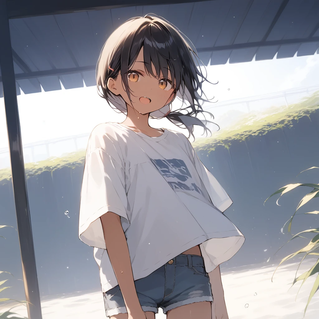 score_9, score_8_up, score_7_up, source_anime, best quality, masterpiece, official art, absurdres, highres, ultra-detailed,waifu2x,Collection: Slice of Life,break,1girl, tomboy, dark-skinned female, short hair, low ponytail, flat chest, beautiful detailed eyes, short shorts, sweat, open mouth, (yawn:0.3), sleepily, outdoors, wind, break,(clear line illustration:1.2),very high resolution, very aesthetic, super detailed skin, Best sexual lighting powered by famous artist, 8k,cute picture,beauty illustration,photoshop_(medium),,(Detailed Lighting),best anime 8k konachan wallpaper, pixiv contest winner,