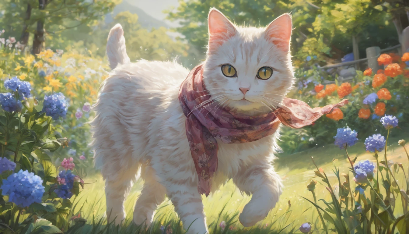 By Alaina Remar、A painting of a cat wearing a small silk scarf. The cat is walking and looks happy. It's a summer morning and the weather is sunny. In the background there is a field with beautiful flowers.. Cat-focused movies, Dynamic pose, Dynamic Background, Dynamic configuration, Dynamic Lighting, Realistic proportions, High resolution, Ray Tracing,  Very detailed, Super detailed, Intricate details,  Very detailed雰囲気, Very detailedテクスチャ.