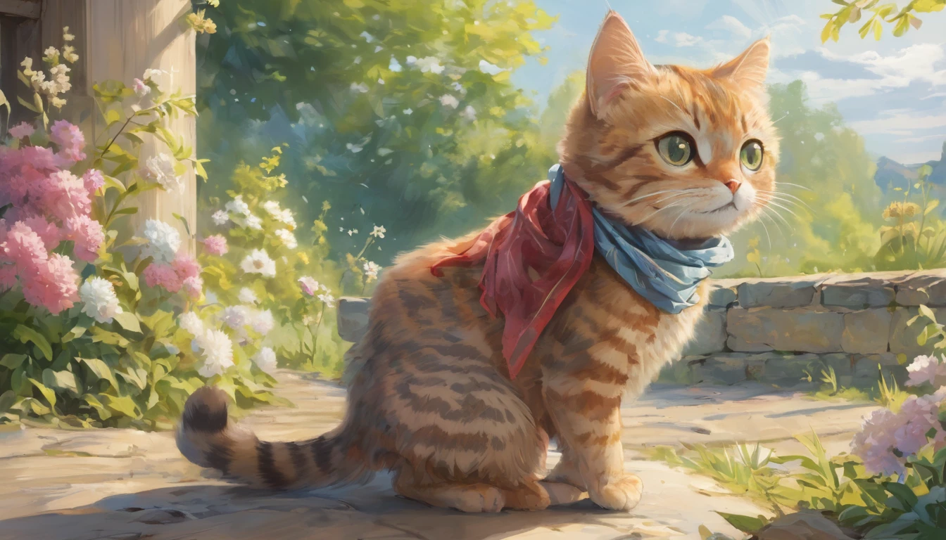 By Alaina Remar、A painting of a cat wearing a small silk scarf. The cat is walking and looks happy. It's a summer morning and the weather is sunny. In the background there is a field with beautiful flowers.. Cat-focused movies, Dynamic pose, Dynamic Background, Dynamic configuration, Dynamic Lighting, Realistic proportions, High resolution, Ray Tracing,  Very detailed, Super detailed, Intricate details,  Very detailed雰囲気, Very detailedテクスチャ.