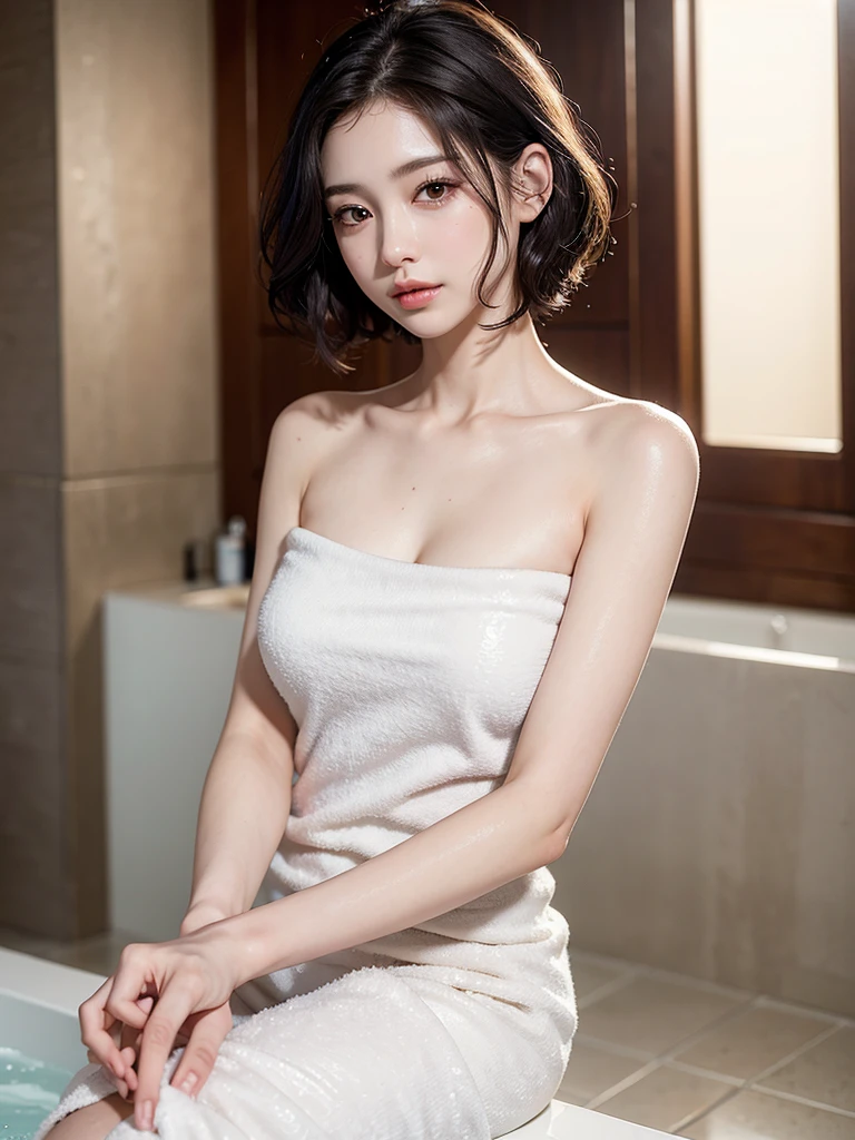 Mix 4, (8k, Live Shooting, Highest quality, masterpiece: 1.2), (Real, Photorealistic: 1.37), 一人のgirl, cute, night, rain, Wetty, Professional Lighting, Photon Mapping, Radio City, Physically Based Rendering, Gradient black hair, Gray Hair, Short Curly Hair, good looking, girl, Highest quality写真, High resolution, 1080P, (Clear Face), (Detailed face description), (Detailed hand description), (masterpiece), (Exquisite CG)、Extreme light and shadow、Disheveled Hair、Masterwork、Rich details、(Fine facial features)、(Highest qualityの写真)、(Masterpiece)、(Detailed eyes)、Look in front of you、Detailed clavicle、((Mid-breasted))、Nipple erection、Sexy、Lady、Clear、Smooth Hair、Clothes are not shiny、naked、Only one bath towel、