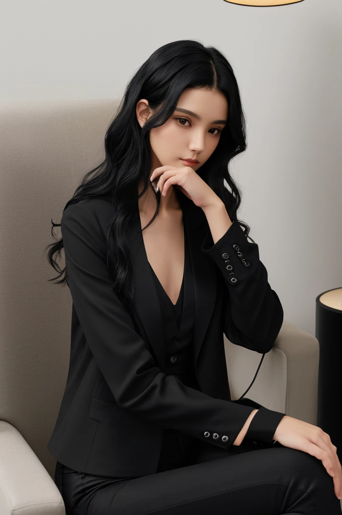 (a thin woman). (black, medium and wavy hair, parted in the middle). She is 20 years old. ((She wears a black blouse, black blazer and sophisticated black pants)). well-groomed and realistic hands. She is sitting in a modern leather armchair, white background, with a floor lamp. (photo must not be vulgar). Extremely realistic photo, 8k quality.
