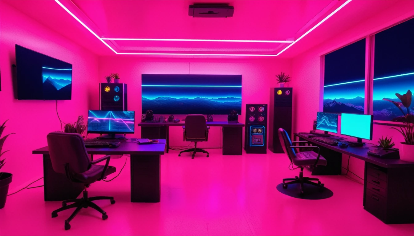 Futuristic office interior with neon track lighting, Matrix movie vibes, Holographic, Musical atmosphere, Synthwave gradation、pink、yellow、Blue Theme、1980s Neon, A beautiful interior that feels like the year 2499, Gamer&#39;s Bedroom, Book, Gradient Theme Background, No humans, Chair, Telephone, table, plant, box, scenery, machine, ball, paper, lamp, computer, monitor, Laptop, Book stack, keyboard , (computer), flower pot, mouse , (computer), screen, masterpiece, Official Art, Highest quality , Volumetric lighting, Studio Lighting, Absurd, Very detailed, 32k Ultra HD, award winning machinetop wallpaper rule of thirds, Post-apocalyptic, Super detailed photos, Landscape Photography, Wide Shot, Movie stills, Cinematic, wallpaper fusion, Wave Art Style, Holopunk Style, 