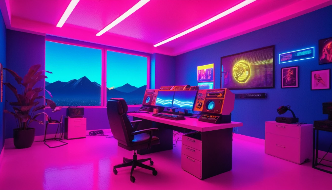 Futuristic office interior with neon track lighting, Matrix movie vibes, Holographic, Musical atmosphere, Synthwave gradation、pink、yellow、Blue Theme、1980s Neon, A beautiful interior that feels like the year 2499, Gamer&#39;s Bedroom, Book, Gradient Theme Background, No humans, Chair, Telephone, table, plant, box, scenery, machine, ball, paper, lamp, computer, monitor, Laptop, Book stack, keyboard , (computer), flower pot, mouse , (computer), screen, masterpiece, Official Art, Highest quality , Volumetric lighting, Studio Lighting, Absurd, Very detailed, 32k Ultra HD, award winning machinetop wallpaper rule of thirds, Post-apocalyptic, Super detailed photos, Landscape Photography, Wide Shot, Movie stills, Cinematic, wallpaper fusion, Wave Art Style, Holopunk Style, 