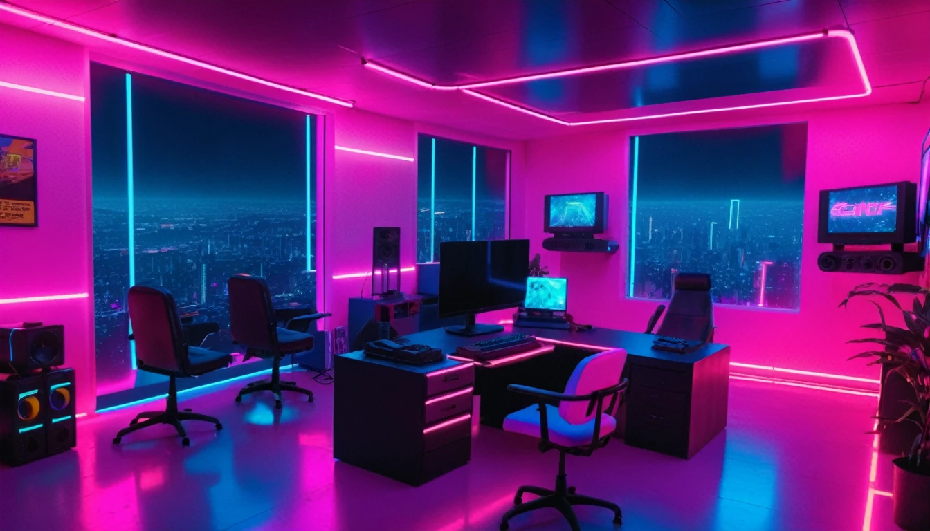 Futuristic office interior with neon track lighting, Matrix movie vibes, Holographic, Musical atmosphere, Synthwave gradation、pink、yellow、Blue Theme、1980s Neon, A beautiful interior that feels like the year 2499, Gamer&#39;s Bedroom, Book, Gradient Theme Background, No humans, Chair, Telephone, table, plant, box, scenery, machine, ball, paper, lamp, computer, monitor, Laptop, Book stack, keyboard , (computer), flower pot, mouse , (computer), screen, masterpiece, Official Art, Highest quality , Volumetric lighting, Studio Lighting, Absurd, Very detailed, 32k Ultra HD, award winning machinetop wallpaper rule of thirds, Post-apocalyptic, Super detailed photos, Landscape Photography, Wide Shot, Movie stills, Cinematic, wallpaper fusion, Wave Art Style, Holopunk Style, 