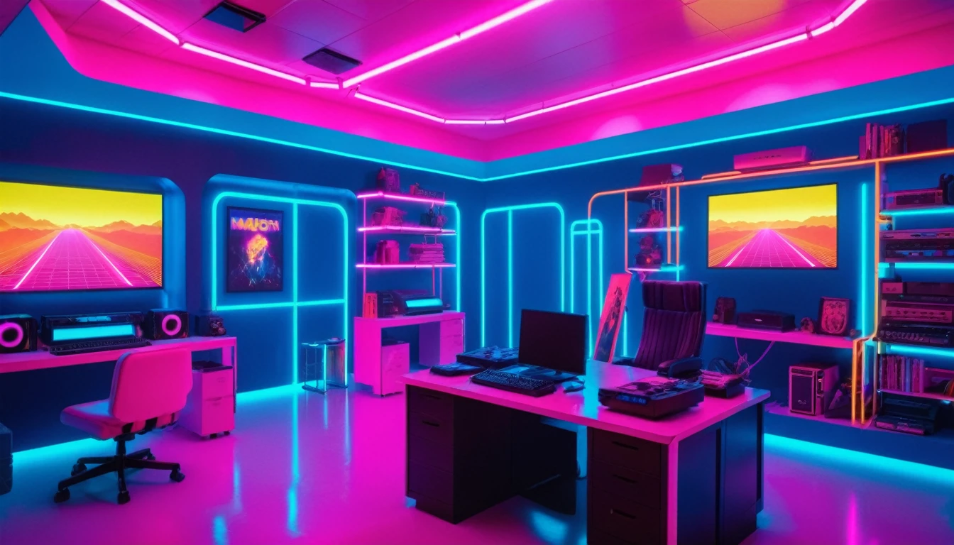 Futuristic office interior with neon track lighting, Matrix movie vibes, Holographic, Musical atmosphere, Synthwave gradation、pink、yellow、Blue Theme、1980s Neon, A beautiful interior that feels like the year 2499, Gamer&#39;s Bedroom, Book, Gradient Theme Background, No humans, Chair, Telephone, table, plant, box, scenery, machine, ball, paper, lamp, computer, monitor, Laptop, Book stack, keyboard , (computer), flower pot, mouse , (computer), screen, masterpiece, Official Art, Highest quality , Volumetric lighting, Studio Lighting, Absurd, Very detailed, 32k Ultra HD, award winning machinetop wallpaper rule of thirds, Post-apocalyptic, Super detailed photos, Landscape Photography, Wide Shot, Movie stills, Cinematic, wallpaper fusion, Wave Art Style, Holopunk Style, 