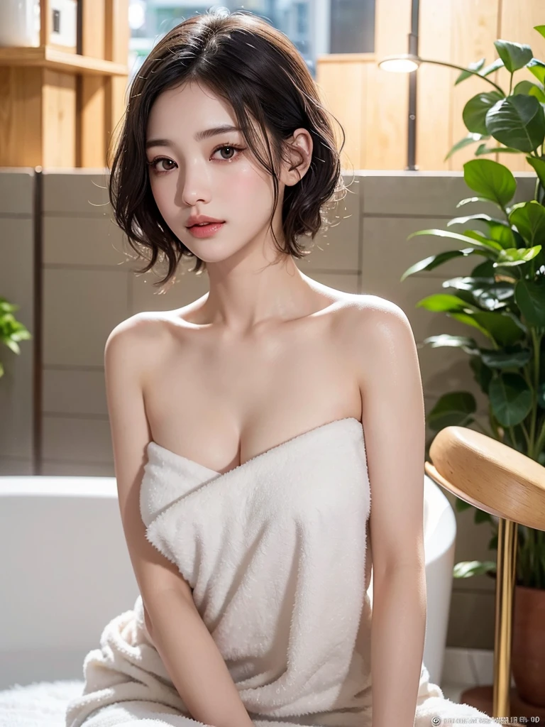 Mix 4, (8k, Live Shooting, Highest quality, masterpiece: 1.2), (Real, Photorealistic: 1.37), 一人のgirl, cute, night, rain, Wetty, Professional Lighting, Photon Mapping, Radio City, Physically Based Rendering, Gradient black hair, Gray Hair, Short Curly Hair, good looking, girl, Highest quality写真, High resolution, 1080P, (Clear Face), (Detailed face description), (Detailed hand description), (masterpiece), (Exquisite CG)、Extreme light and shadow、Disheveled Hair、Masterwork、Rich details、(Fine facial features)、(Highest qualityの写真)、(Masterpiece)、(Detailed eyes)、Look in front of you、Detailed clavicle、((Mid-breasted))、Nipple erection、Sexy、Lady、Clear、Smooth Hair、Clothes are not shiny、naked、Only one bath towel、
