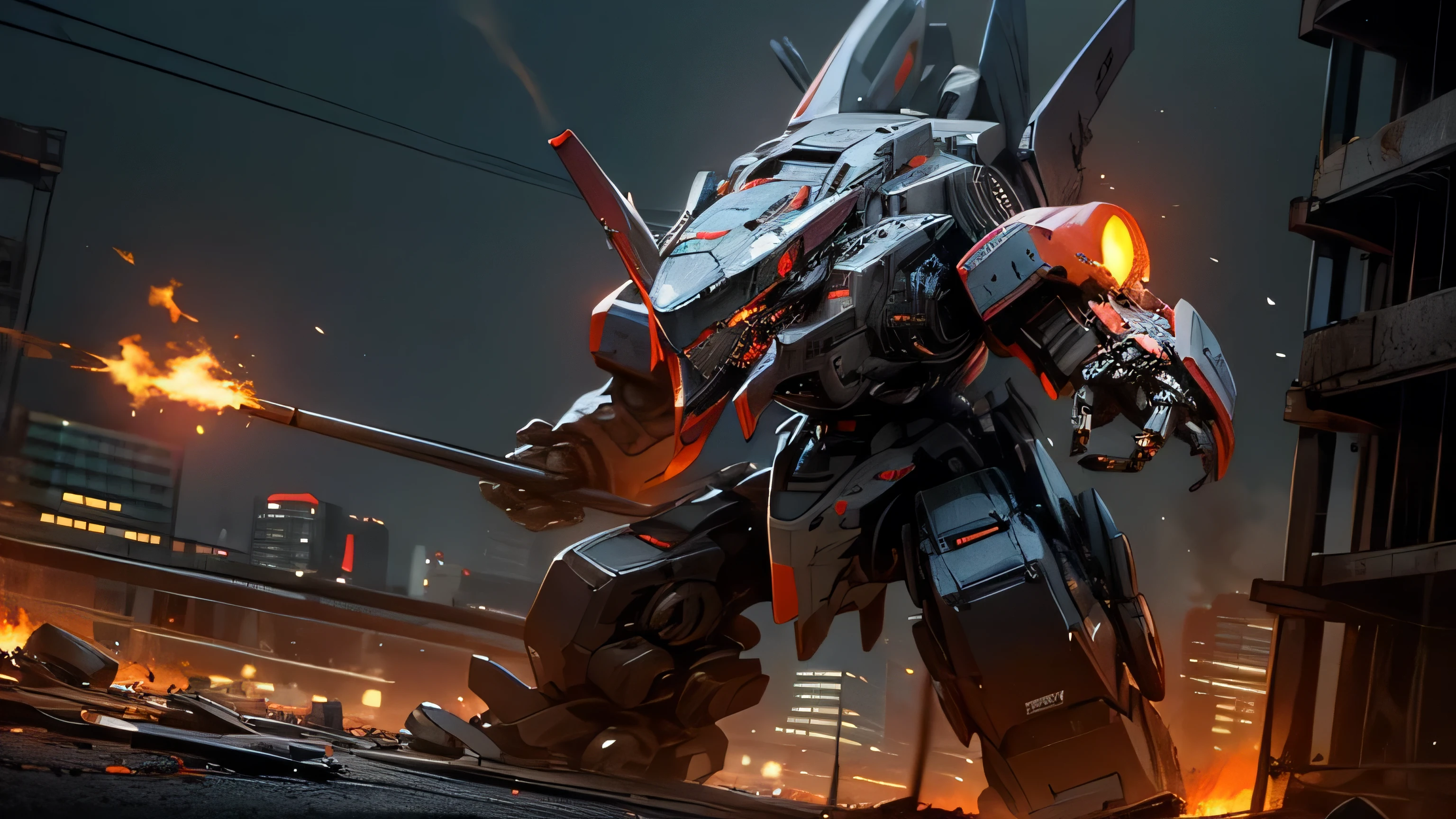 City destroyed by robots, fire, Night view, Evil Robot