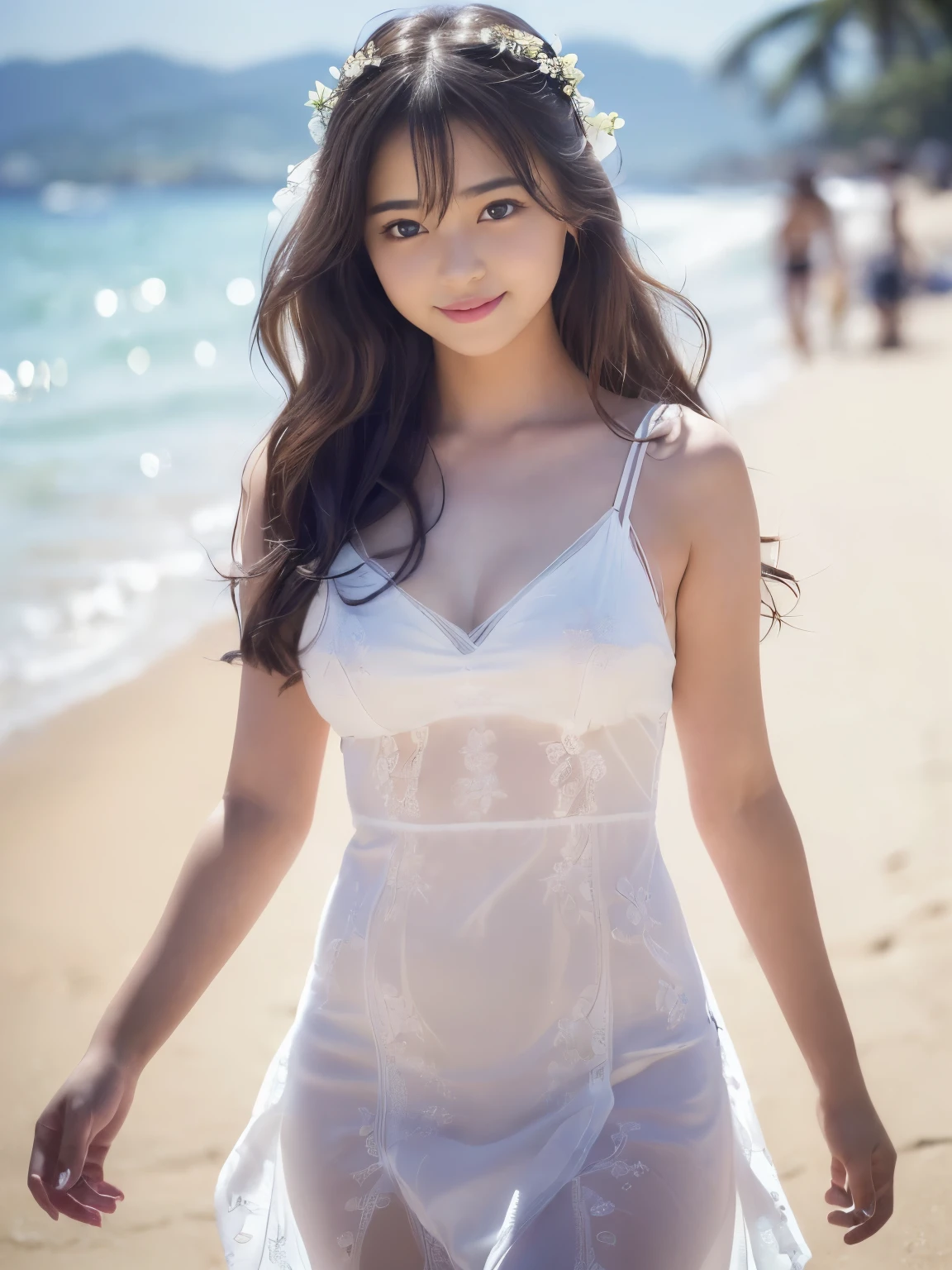 An 18-year-old as cute as an idol、Smiling Kindly、Medium size chest、Cleavage、(See-through clothing)、Stroll along the sandy shores of this beautiful beach、Daytime、Full body portrait、RAW Photos、Genuine、realism、live-action、RAW Photoasterpiece、Highest quality