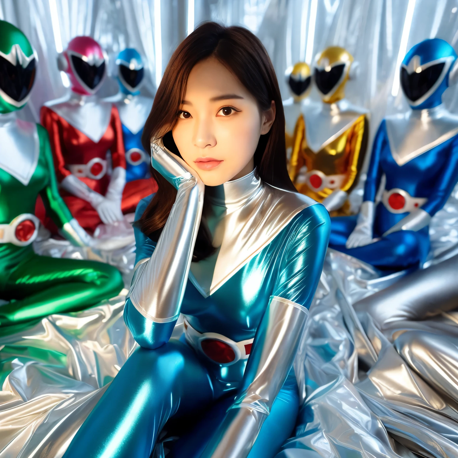 best image quality、Super high resolution、(realism:1.4)、Korean beauty star、The most beautiful KPOP star、horny face、Horny Korean makeup、erotic expression、A body that makes you want to touch it、erotic photos、((Realistic shiny satin fabric texture、High-gloss stretch satin fabric that is smooth and smooth to the touch.、The drape of the curved part of the shiny satin fabric、strong shiny costume、The smooth and beautiful quality and luster of the costumes、A shiny costume made of high-quality satin fabric with high density.、Smooth to the touch oil light liang ultra-class battleship skin coat COS、Super SentaiWomen&HeroineSuit、Texture of costumes that satin fetishists respond to、Thin, glossy stretch satin fabric)),8K photo quality