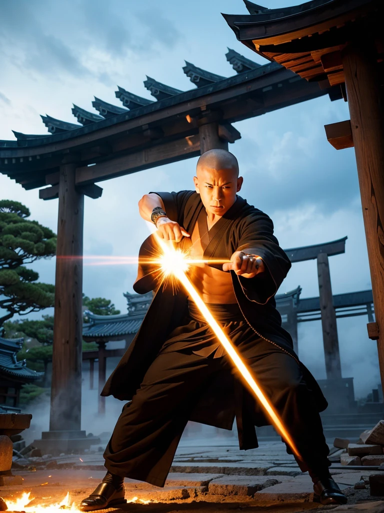 Highest quality,Highest Resolution,A skinhead monk wearing a black robe shoots a Kamehameha-like beam from his hand and destroys a building.,Japanese Temples,Destroying a building,