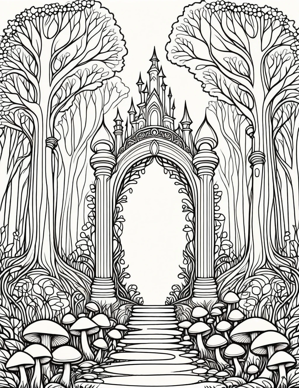 Intricate line art of a magical forest entrance, ornate gateway, glowing mushrooms, black and white illustration, coloring book style, white background, detailed pen drawing, high contrast, clean lines, suitable for coloring, vector-like, easy to color