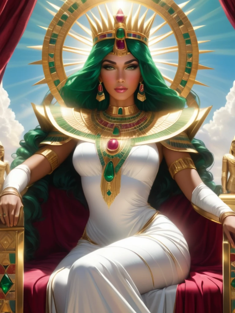 wonderful(Seat of power:1.3)scene，(1 The girl was seated on a throne made of emeralds and rubies.々I was sitting)，（A beautiful woman）,Behind her is a huge canopy，Towering into the sky，Made with equally impressive jewelry，The universe forms the backdrop to this beautiful scene.，She exudes royal elegance，（Her outfit is that of Egyptian Queen Cleopatra.），But a position of authority，She holds in her hand a sword made of emeralds and rubies，It represents her strength and leadership，She wore a shining crown on her head，Adorned with the most brilliant jewels，Creates a halo of heaven around her，When the sun shines in the background，She exudes incredible energy.，There&#39;Electricity crackles all around.，demonstrated her authority，A white smoky veil covers her，Symbolizes the Holy Spirit，and emphasized her status and connection to God.，这一scene体现了她令人敬畏的存在，Strong and authoritative