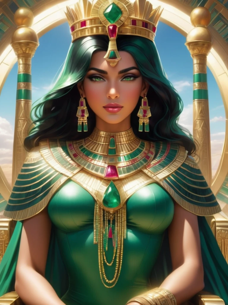 wonderful(Seat of power:1.3)scene,(1 The girl was seated on a throne made of emeralds and rubies.々I was sitting),(A beautiful woman),Behind her is a huge canopy,Towering into the sky,Made with equally impressive jewelry,The universe forms the backdrop to this beautiful scene.,She exudes royal elegance,(Her outfit is that of Egyptian Queen Cleopatra.),But a position of authority,She holds in her hand a sword made of emeralds and rubies,It represents her strength and leadership,She wore a shining crown on her head,Adorned with the most brilliant jewels,Creates a halo of heaven around her,When the sun shines in the background,She exudes incredible energy.,There'Electricity crackles all around.,demonstrated her authority,A white smoky veil covers her,Symbolizes the Holy Spirit,and emphasized her status and connection to God.,这一scene体现了她令人敬畏的存在,Strong and authoritative
