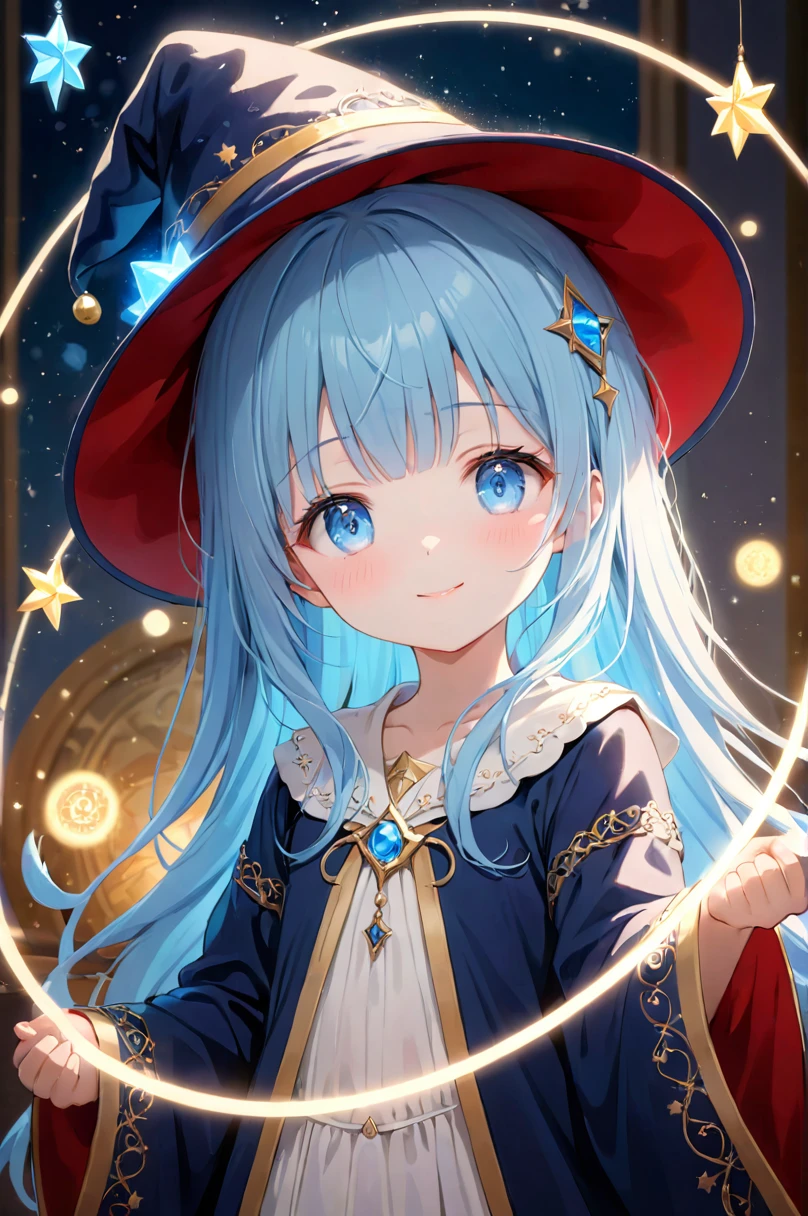 masterpiece, best quality, extremely detailed, (illustration, official art:1.1), 1 girl ,(((( light blue long hair)))), ,(((( light blue long hair)))),light blue hair,loli, long hair ((blush)) , cute face, big eyes, masterpiece, best quality,(((((a very delicate and beautiful girl))))),Amazing,beautiful detailed eyes,blunt bangs((((little delicate girl)))),tareme(true beautiful:1.2), sense of depth,dynamic angle,,,, affectionate smile, (true beautiful:1.2),,(tiny 1girl model:1.2),)(flat chest),1girl, solo, wizard hat, robe, floating Star, magic, spelling, magic circle, light particles, dark room, fantasy, Bokeh, depth of field, soft lighting, masterpiece, best quality
