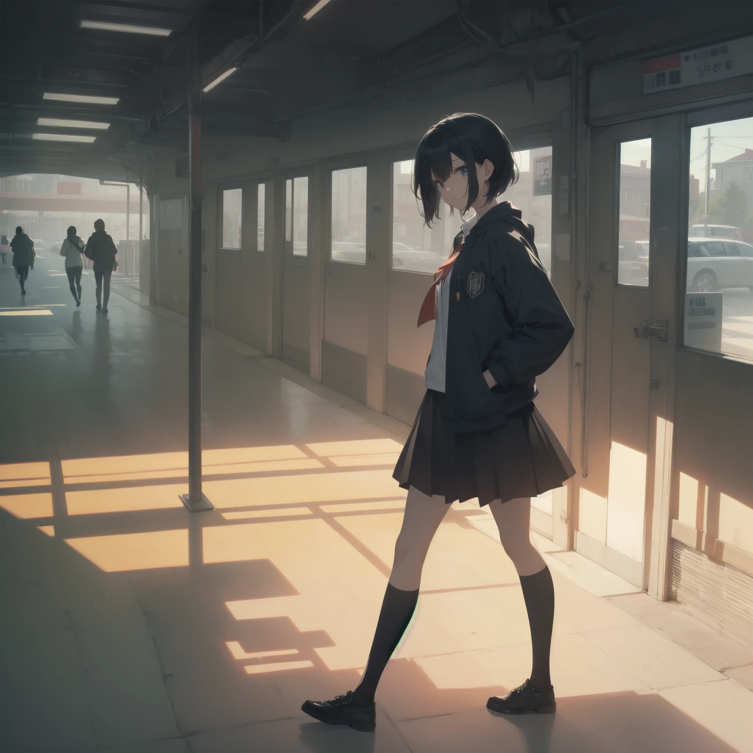 ultra-absurdres-Top quality by artist God, ultra-detailed, high resolution, anime moe artstyle, best anime 8k konachan wallpaper, pixiv contest winner, pool:2810, perfect anatomy,break, 1girl, (Please draw a girl walking sleepily to school alone. )break,(Solo,little female, 13-year-old:1.3),Full limbs, complete fingers,a junior high school student, (very short hair), short cut, flat chest, , small butt, small black eyes, beautiful detailed eyes, well-proportioned iris and pupils, expressive eyes, highres detailed hair, soft expression, salor school_uniform, sailor collar, serahuku, bow, pleated skirt,(Detailed Lighting), (Detailed background), in the School commute route. break,super detailed skin, Best cinematic lighting powered by famous artist, 8k,beauty illustration,photoshop_(medium),very aesthetic,break,((artist:sincos )), artist:clamp ,artist:carnelian ,artist:kantoku ,