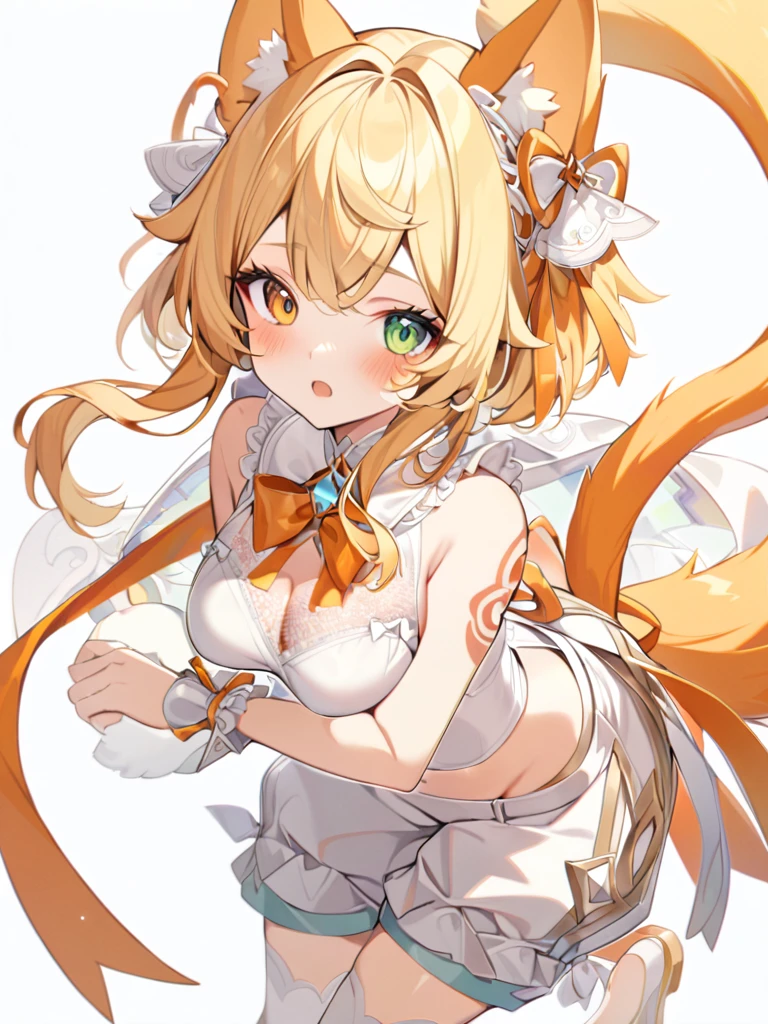 1girl, animal ears, bangs, bare shoulders, blonde hair, blush, bow, breasts, white cleavage, cropped torso, , green eyes, hair ribbon, heterochromia, , looking at viewer, open mouth, orange bow, orange eyes, orange ribbon, ears of an unusual animal, a real tail, a fluffy tail, two tails on the sides, ribbon, solo, stuffed animal, , upper body, full-length, white legbands, white shoes with lace and white bows, white background, wrist cuffs, yellow eyes, bloomers, close-up, fair skin frills, lace, midriff, skirt, solo, , white background,shorts, white top with ribbon and lace and trousers,trousers, genshin,white slippers with a bow,All clothes are white, laceAt full height, it stands,long hair, hairstyle like Miku, two long tails on the sides of the head,face veil, small tattoo on one shoulder, tattoo of ears and curved patterns