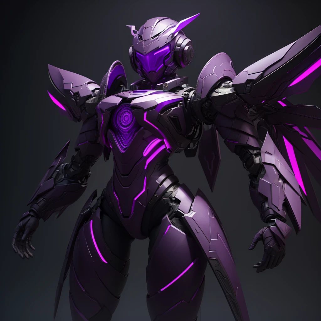 (masterpiece), (best quality), (high res) Solo, (perfect anatomy) Dronificated unknown woman , (enclosed gray full body big heavy armor), (purple lights), (purple circular glowing core in the chest), (enclosed cyber helmet), mechanical wings, (purple screen), huge breast, narrow waist, wide hips, thick thighs, in a storage, (no face) no face, no hair, no mouth, no eyes, in a factory