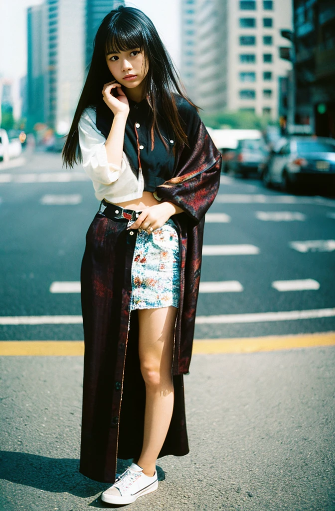 Kodak ULTRAMAX 400, 35mm film photo, cool fashionable japanese woman, emotional photo, single focal length lens, portrait, Japanese photography style, Photo-detailed portrait style, Full body shot,