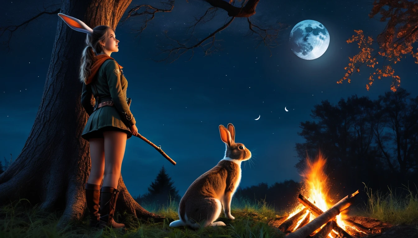 Highest quality Fantasy A young female hunter looking up at a large tree Bonfire rabbit The background is a night forest Crescent Moon