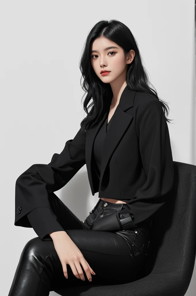 (a thin woman). (black, medium and wavy hair, parted in the middle). She is 20 years old. ((She wears a black blouse, black blazer and sophisticated black pants)). well-groomed and realistic hands. She is sitting in a modern leather armchair, white background, with a floor lamp. (photo must not be vulgar). Extremely realistic photo, 8k quality.