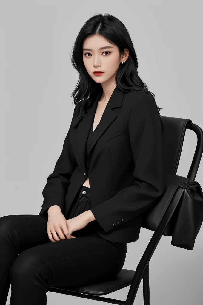 (a thin woman). (black, medium and wavy hair, parted in the middle). She is 20 years old. ((She wears a black blouse, black blazer and sophisticated black pants)). well-groomed and realistic hands. She is sitting in a modern leather armchair, white background, with a floor lamp. (photo must not be vulgar). Extremely realistic photo, 8k quality.