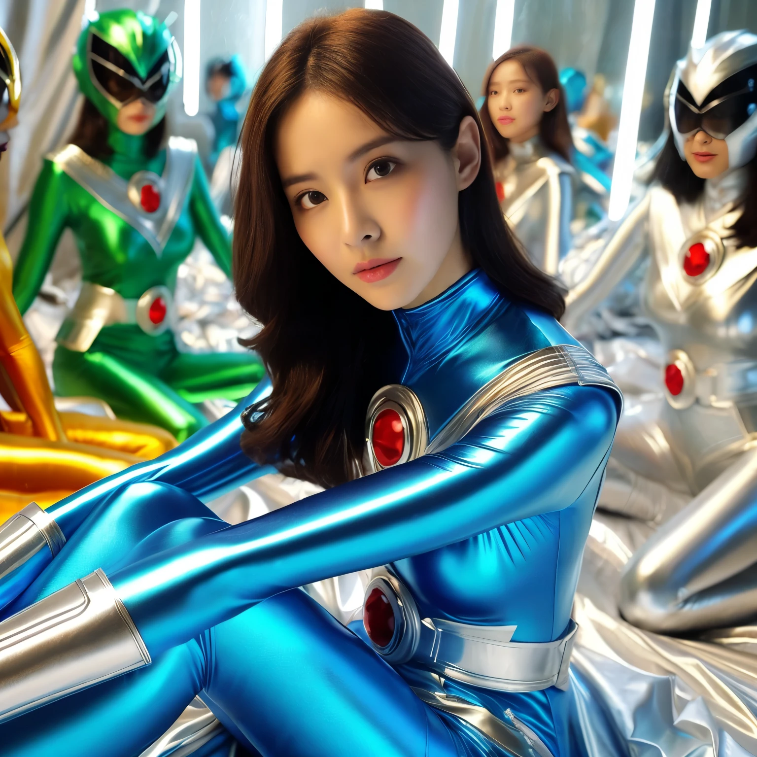 best image quality、Super high resolution、(realism:1.4)、Korean beauty star、The most beautiful KPOP star、horny face、Horny Korean makeup、erotic expression、A body that makes you want to touch it、erotic photos、((Realistic shiny satin fabric texture、High-gloss stretch satin fabric that is smooth and smooth to the touch.、The drape of the curved part of the shiny satin fabric、strong shiny costume、The smooth and beautiful quality and luster of the costumes、A shiny costume made of high-quality satin fabric with high density.、Smooth to the touch oil light liang ultra-class battleship skin coat COS、Super SentaiWomen&HeroineSuit、Texture of costumes that satin fetishists respond to、Thin, glossy stretch satin fabric)),8K photo quality