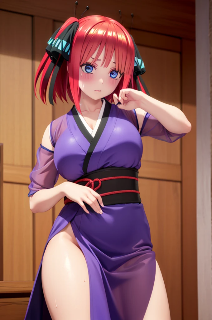 Nino　nanaco、short hair, Twin tails、Pink Hair、 blue eyes, hair ornaments, Hair Ribbon, blunt , Both sides up, butterfly hair ornaments, skirt,Off the shoulder、Random color see-through kunoichi costume、Japanese see-through female samurai costume、See-through female ninja costume,, Open clothes, Collared dress emphasizes cleavage、胸の谷間のSweat is noticeable、Professional lighting light reflection、 looking at viewer, (masterpiece:1.2), Highest quality, High resolution, unity 8k wallpaper, (figure:0.8), (Beautiful fine details:1.6), Highly detailed face, Perfect lighting, Highly detailed CG, (Perfect hands, Perfect Anatomy),heavy rain、heavy rainで全身びしょ濡れ、heavy rainで全身びしょ濡れの服、High heels、 ((Perfect handsの形))、(Perfect foot shape、Embarrassed expression、blush、Gestures to seduce a man、Shining Sweat、Perfect Skin,Sweat is noticeable、太もものSweat is noticeable、 Fair skin,Tight waist, Sweating profusely、Sweaty hair、Sweaty clothes、Sweaty、Visible sweat、rain-wet hair、A vast Western church with stained glass windows