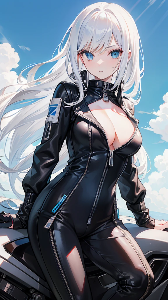 beautiful girl，(Racing girl)，Leather jumpsuit，(黑色Leather jumpsuit)，Leather Clothes，White long hair，(White hair)，Bangs，Zipper to open，(Leather jacket zipped up)，(Zipper to pubic bone)，((Cleavage))，Open your heart，(Shy expression)，Sit on a race car，(Lift one leg)，Blue sky and white clouds