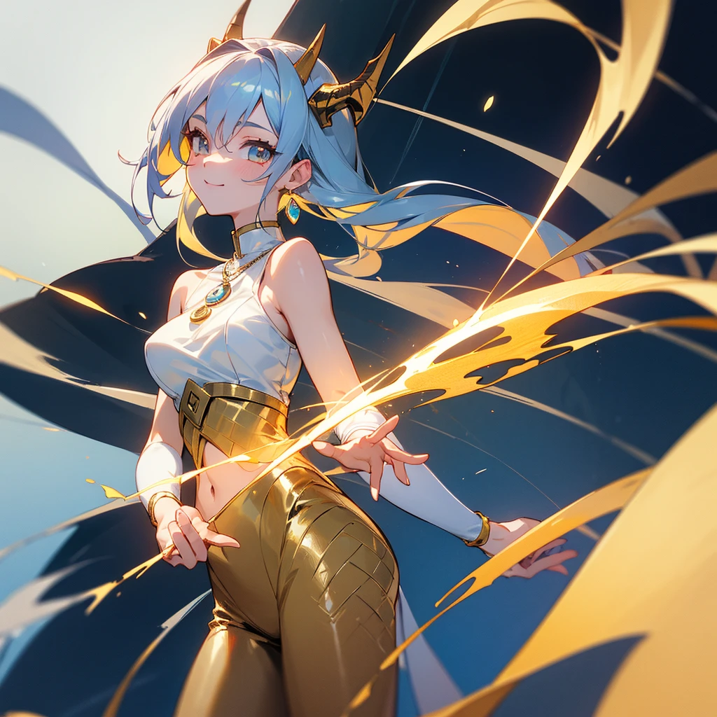 (masterpiece:1.3), (Absurd:1.3), (highest quality:1.3), (Very detailed:1.3), 1girl, Outdoor, Upper Body, wave hands, smile mischievously, standing, outdoor, peace sign, Hello, flirting expression, looking at viewer, long silver hair tied back, sharp golden eyes, pale skin, C-cup breasts, tall, muscular hourglass figure, beautiful six-pack, two beautiful simple golden dragon horns on the head, another set of short golden dragon horns under the ears, sharp golden dragon claws, dragon tail resemble light blue steel, dragon wings resemble light blue steel, blue pear earrings, light blue gemstone necklace with golden dragon phoenix pendant, white sleeveless crop top, ivory trousers, dark blue leather belt, dark blue platform sandals, zero-chan art,detailed digital anime art