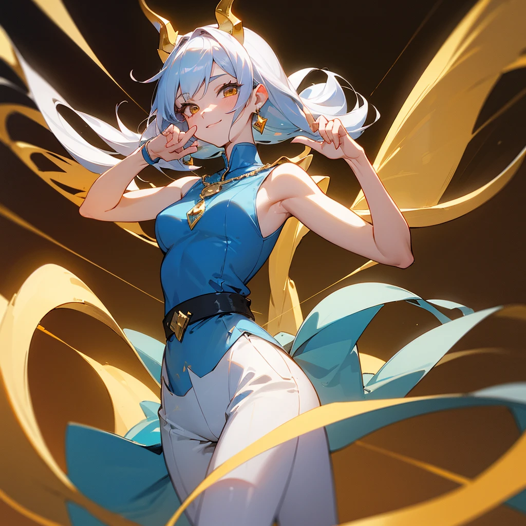 (masterpiece:1.3), (Absurd:1.3), (highest quality:1.3), (Very detailed:1.3), 1girl, Outdoor, Upper Body, wave hands, smile mischievously, standing, outdoor, peace sign, Hello, flirting expression, looking at viewer, long silver hair tied back, sharp golden eyes, pale skin, C-cup breasts, tall, muscular hourglass figure, beautiful six-pack, two beautiful simple golden dragon horns on the head, another set of short golden dragon horns under the ears, sharp golden dragon claws, dragon tail resemble light blue steel, dragon wings resemble light blue steel, blue pear earrings, light blue gemstone necklace with golden dragon phoenix pendant, white sleeveless crop top, ivory trousers, dark blue leather belt, dark blue platform sandals, zero-chan art,detailed digital anime art