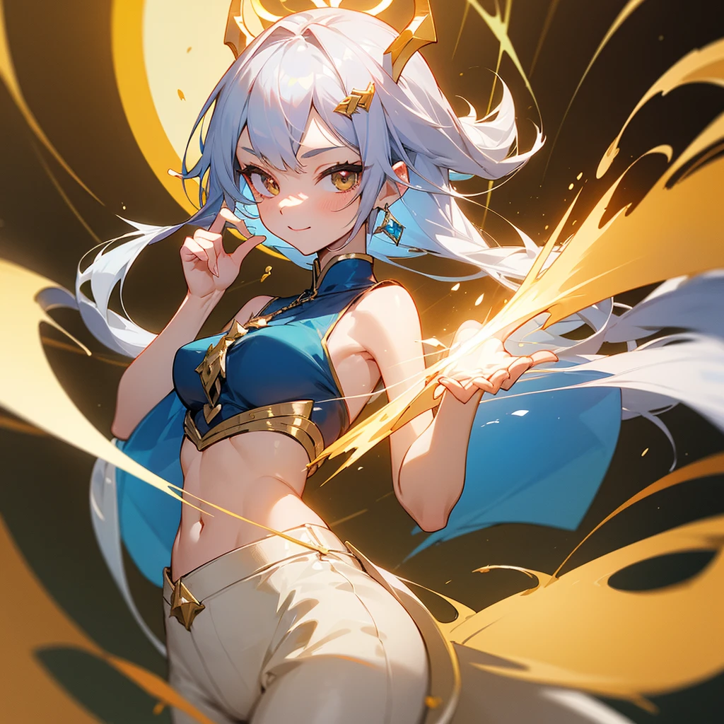 (masterpiece:1.3), (Absurd:1.3), (highest quality:1.3), (Very detailed:1.3), 1girl, Outdoor, Upper Body, wave hands, smile mischievously, standing, outdoor, peace sign, Hello, flirting expression, looking at viewer, long silver hair tied back, sharp golden eyes, pale skin, C-cup breasts, tall, muscular hourglass figure, beautiful six-pack, two beautiful simple golden dragon horns on the head, another set of short golden dragon horns under the ears, sharp golden dragon claws, dragon tail resemble light blue steel, dragon wings resemble light blue steel, blue pear earrings, light blue gemstone necklace with golden dragon phoenix pendant, white sleeveless crop top, ivory trousers, dark blue leather belt, dark blue platform sandals, zero-chan art,detailed digital anime art