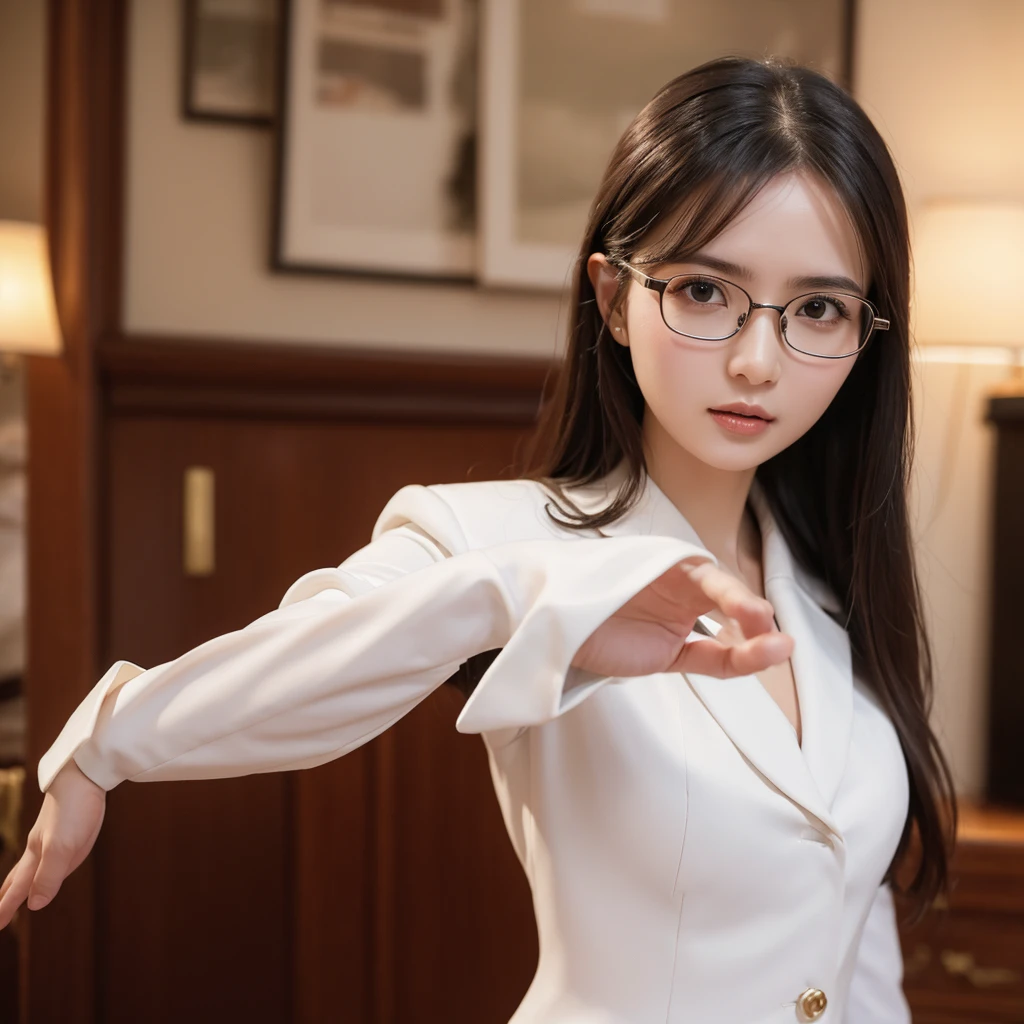 Working Women，wear glasses，Wear formal clothes，Background white，Introducing gesture，Fine details，Front shot，Best picture quality，Higher quality，High Detail，Ultra-high resolution，8K resolution，masterpiece