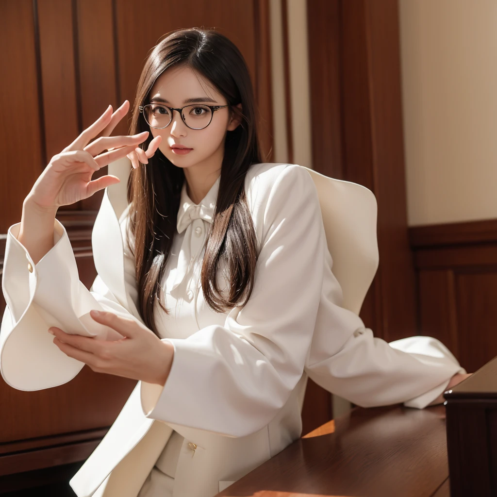 Working Women,wear glasses,Wear formal clothes,Background white,Introducing gesture,Fine details,Front shot,Best picture quality,Higher quality,High Detail,Ultra-high resolution,8K resolution,masterpiece