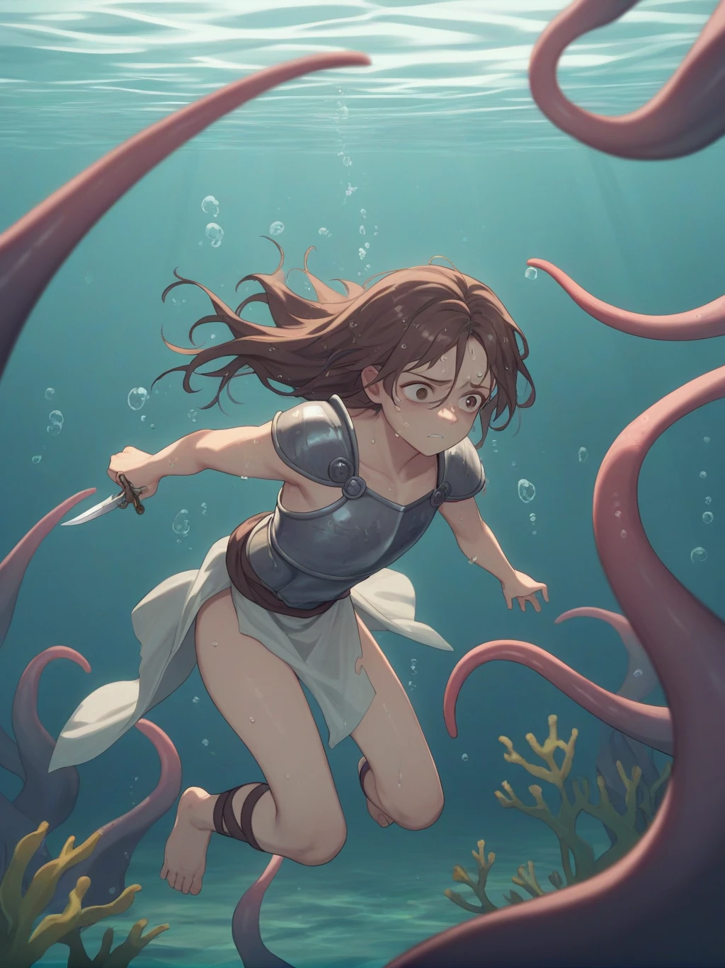 Partially underwater,最high quality,high quality, , Long Hair, Brown Hair, Wet Hair, Flat Chest,Dark underground labyrinth,No light,Cloth armor,Equipped with a dagger and a shield,Face above water,Body in water, Underwater Photography,The robe rolls up due to buoyancy,Painful face、My leg is pulled by tentacles、Being dragged into the water、Go wild