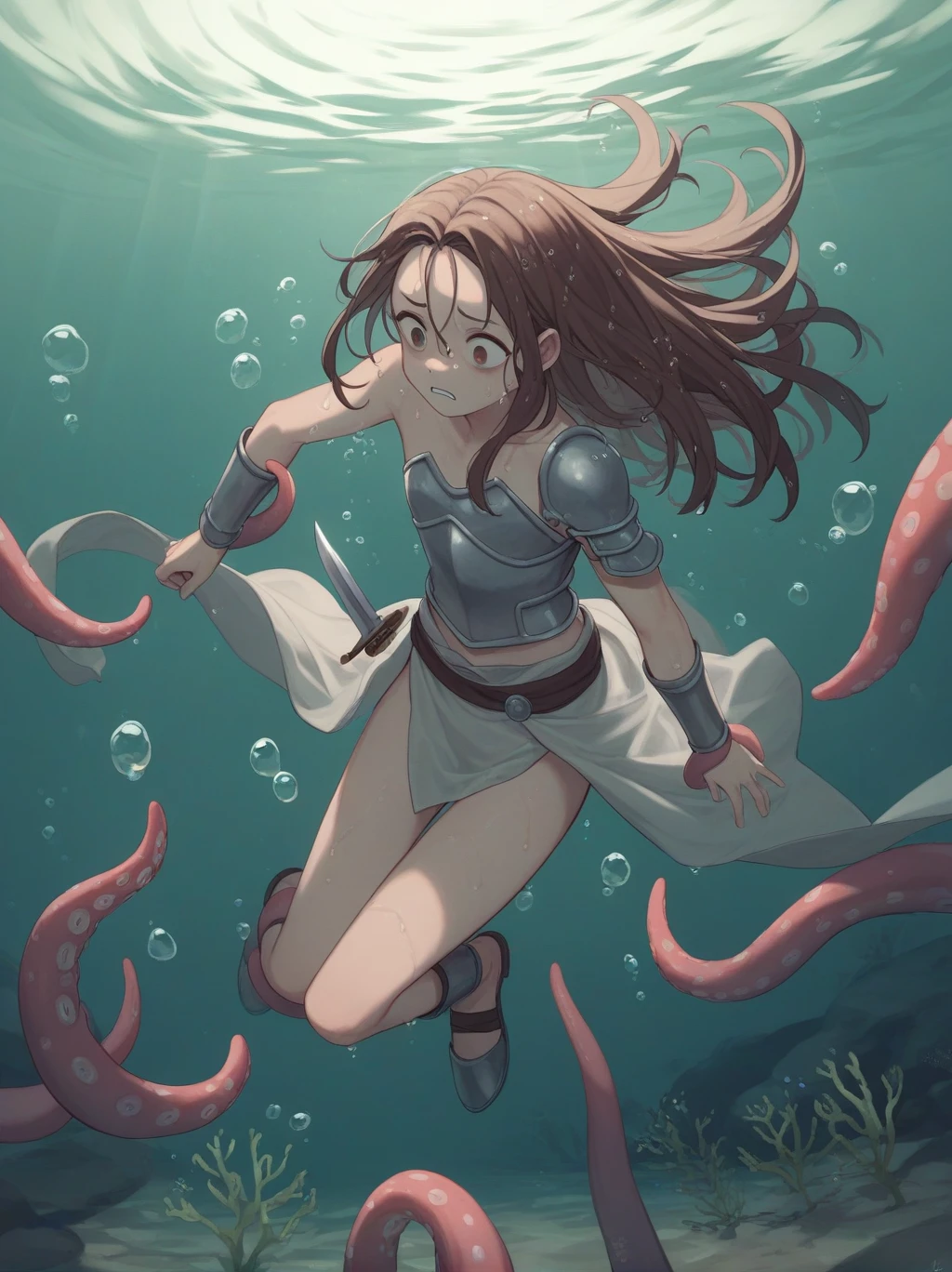 Partially underwater,最high quality,high quality, , Long Hair, Brown Hair, Wet Hair, Flat Chest,Dark underground labyrinth,No light,Cloth armor,Equipped with a dagger and a shield,Face above water,Body in water, Underwater Photography,The robe rolls up due to buoyancy,Painful face、My leg is pulled by tentacles、Being dragged into the water、Go wild